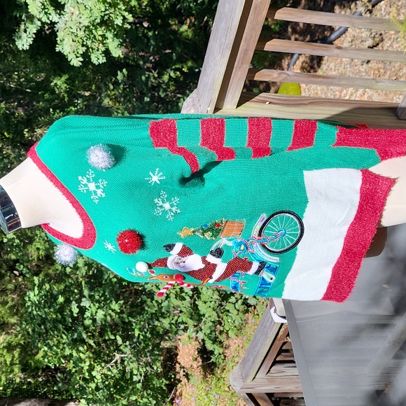 Ladies Ugly Sweater contest, green, Santa, Rudolph, pompoms, sequins, sz XL - Picture 8 of 11